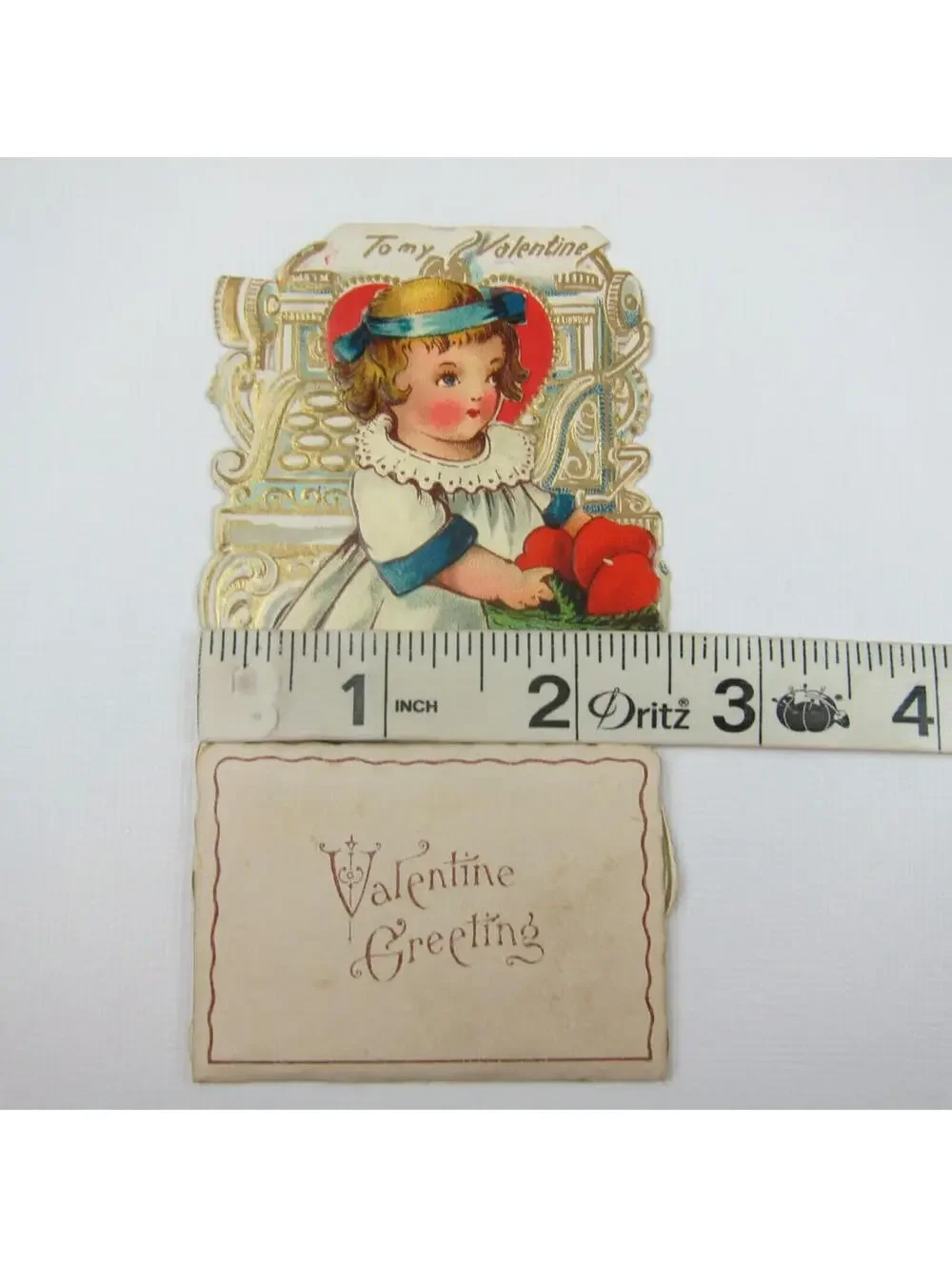 Vintage Valentine 3D Pop Up Die Cut Blonde Girl Blue White Dress Basket Hearts